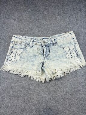 Y2K Style Denim Shorts Women Size 4/27 Acid Wash Lace Trim Frayed Hem Summer